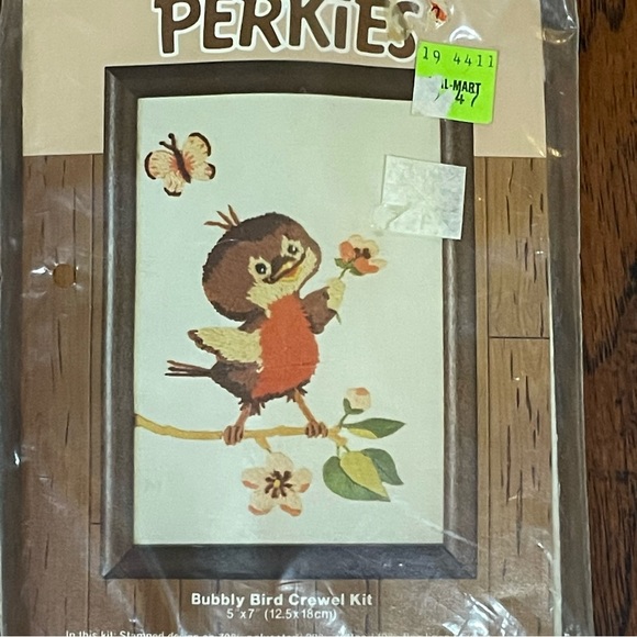 Vintage Caron Perkies BUBBLY BIRD Crewel Sewing Kit 5" x 7" Robin 6436 NOS - Picture 2 of 3